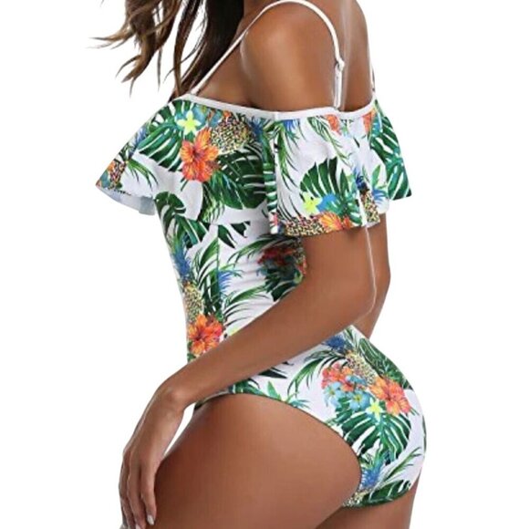 Tempt Me White Pineapple Tropical Off Shoulder Flounce One Piece Swimsuit Size L - Picture 5 of 7